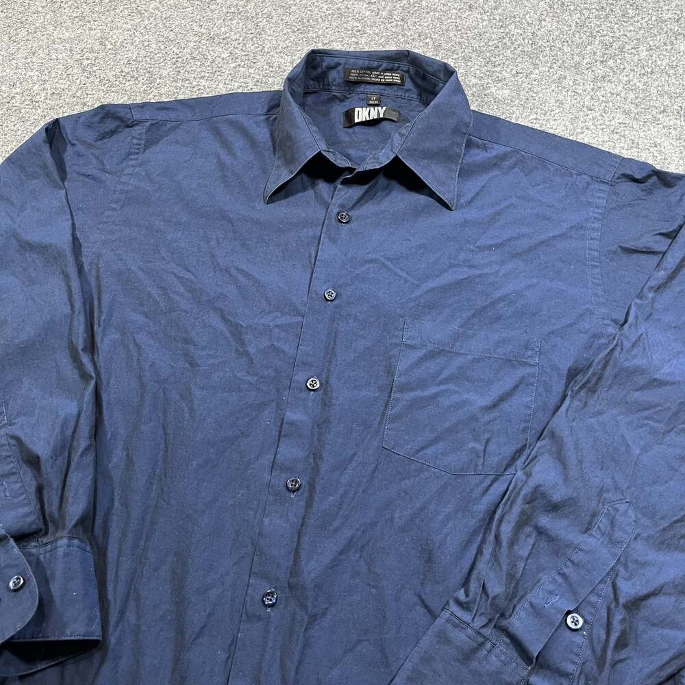 Vintage DKNY Shirt Mens 17 34x35 Blue Cotton Button Pockets Long Sleeve 90s
